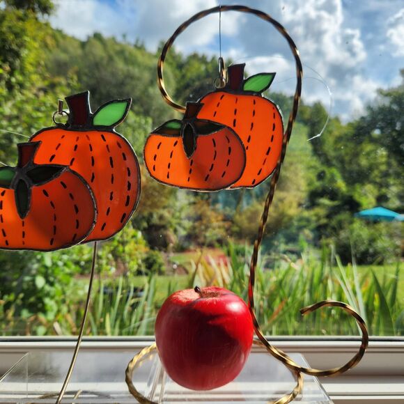 Stained Glass Pumpkin Sun Catcher Jack O'Lantern Window Hanger Set 2 Halloween - Picture 3 of 6